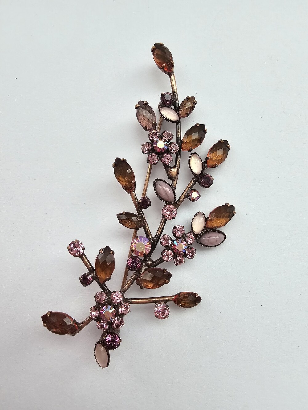 Joan Rivers Signed Floral Spray Brooch Amber Purple Pink Rhinestone Branch